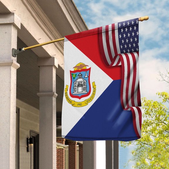 Flag Waving American Flag Sint Maartener Sint Maarten U.S.A Friendship Patriotic Proud Garden Flag, Double-Sided Decorative Outdoor Flag, Patriotic Polyester Yard Flag 12 x 18 Inch