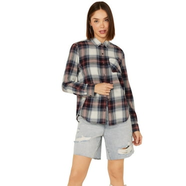 Flag Women's And Anthem Long Sleeve Pocket Button Shirt Blue/White Large  US
