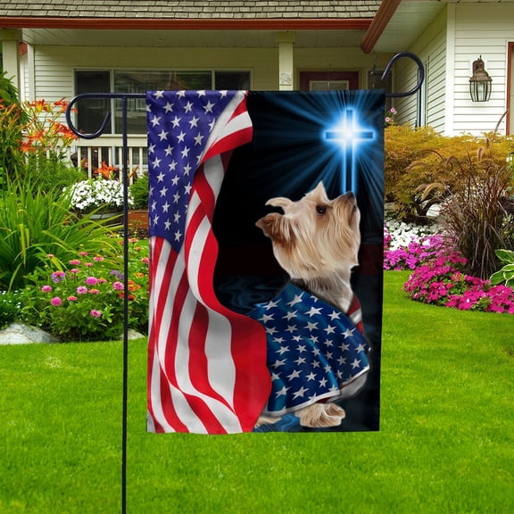Flag Yorkshire Terrier Dog Wearing Flag American Patriot Proud Standing Under The Cross Christian Garden Flag, Double-Sided Decorative Outdoor Flag, Patriotic Polyester Yard Flag 12 x 18 in