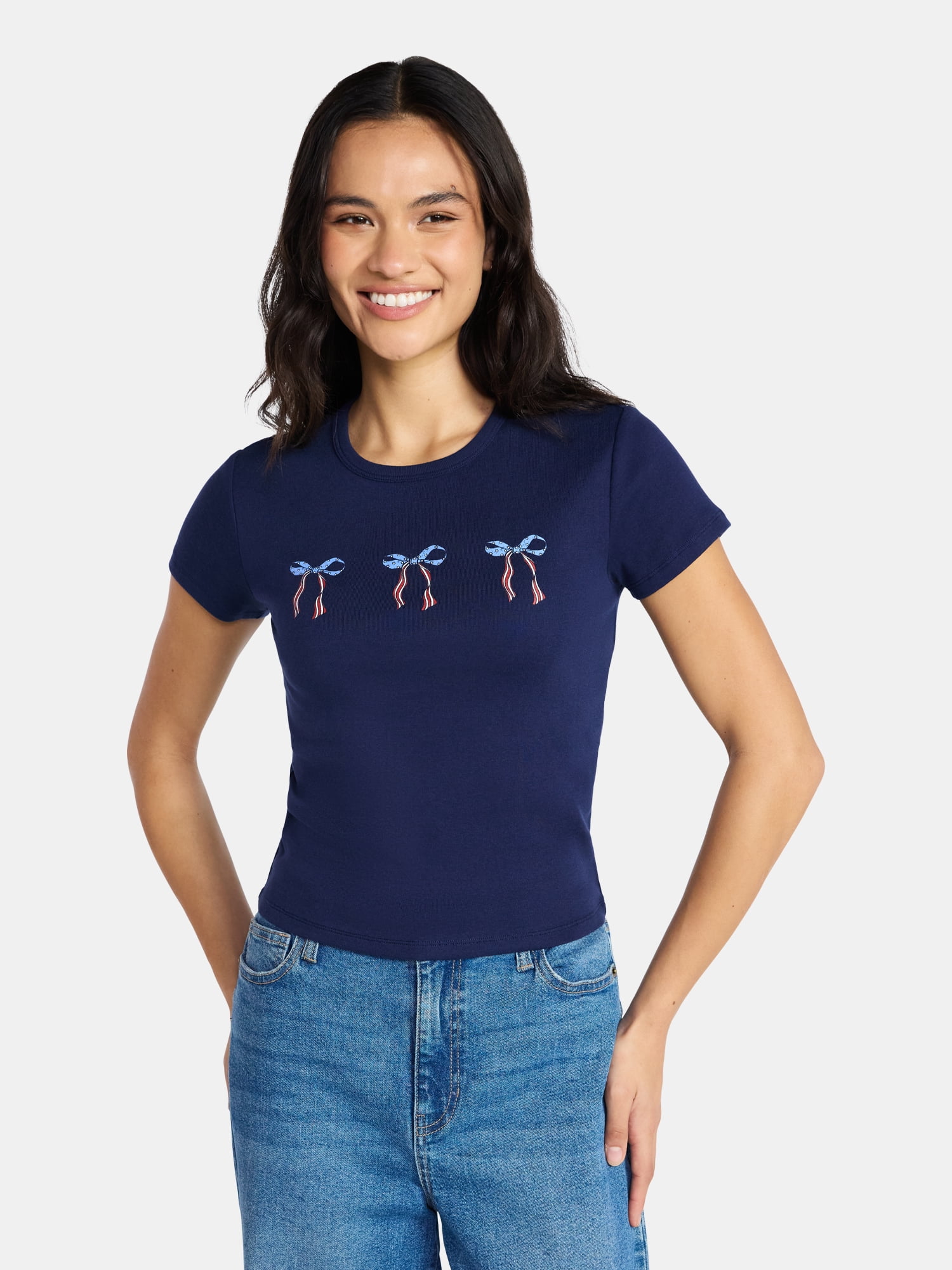 Social Edition Women's Americana Flag and Bows Graphic Tee, Sizes XXS-XXL