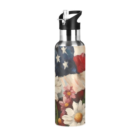 Flag and Flowers Oil Painting Sports Bottle with Straw Stainless Steel Water Jug Portable Thermal Cup Leak-proof 1000ML