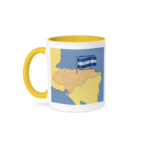 3dRose, Flag and Map of Honduras with Republic of Honduras printed in both English and Spanish., 15oz Two-Tone Yellow Mug