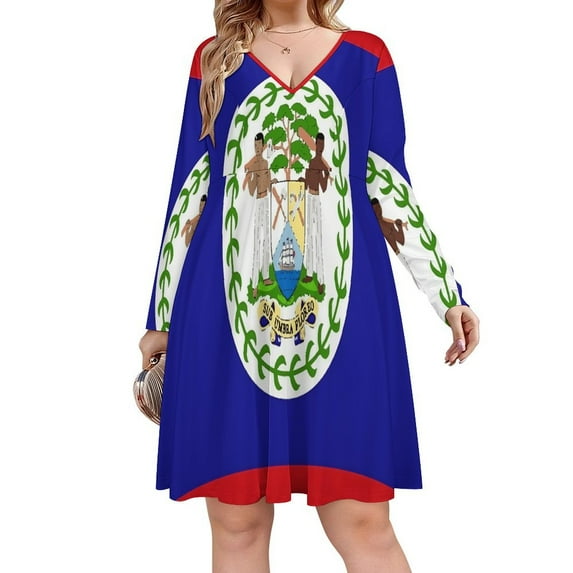 Flag of Belize Long Sleeve Dresses For Women Vintage Elegant Party Dress Oversized V-neck Dress S-8XL
