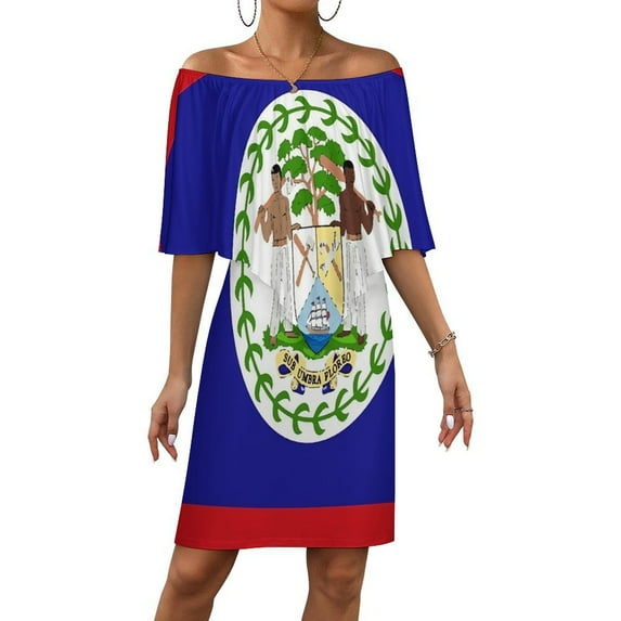 Flag of Belize Women's Off The Shoulder Ruffles Summer Wedding Guest Loose Casual Party Beach Dress