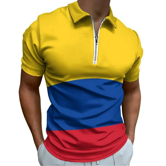 Flag of Colombia Men Zipper T-shirt Summer Casual Short Sleeve T-shirt Top
