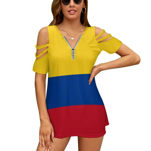 Flag of Colombia Womens Summer V Neck Zipper Top Short Sleeve T Shirt Off Shoulder Top Casual Classy Loose Shirts