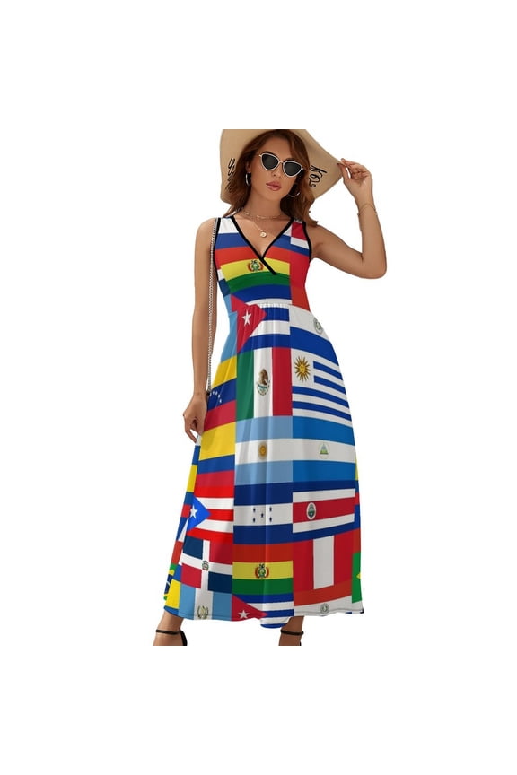 Flag of Countries Around The World Womens Night Club Maxi Dress V Neck Sleeveless Bohemia Long Dresses