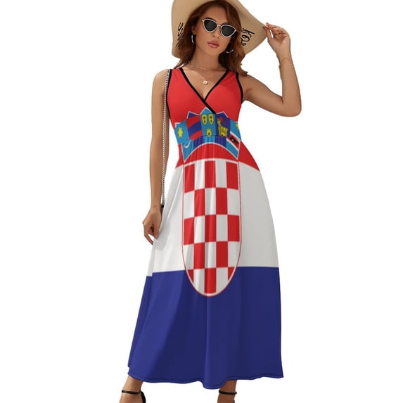 Flag of Croatia Womens Night Club Maxi Dress V Neck Sleeveless Bohemia Long Dresses