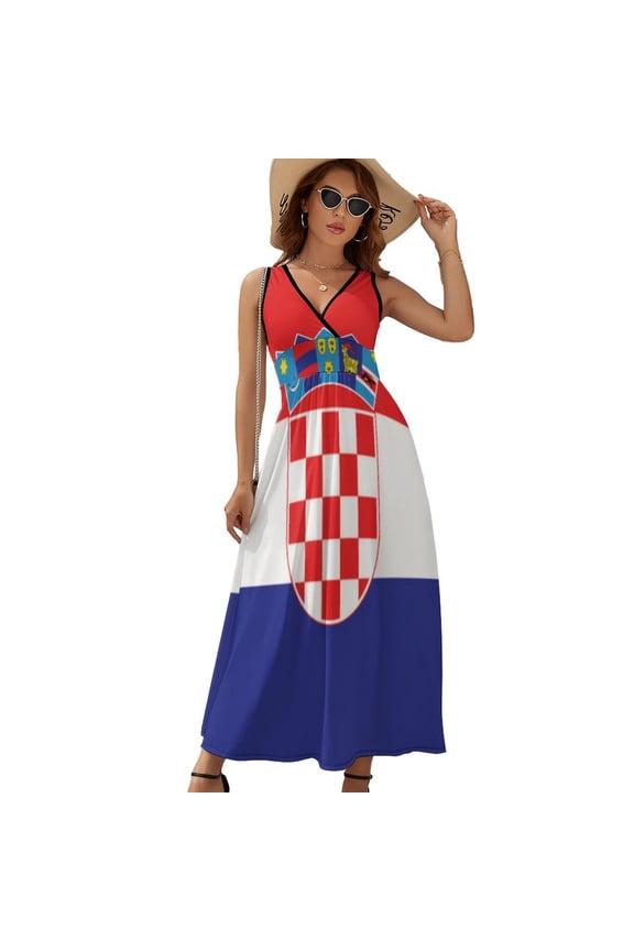 Flag of Croatia Womens Night Club Maxi Dress V Neck Sleeveless Bohemia Long Dresses