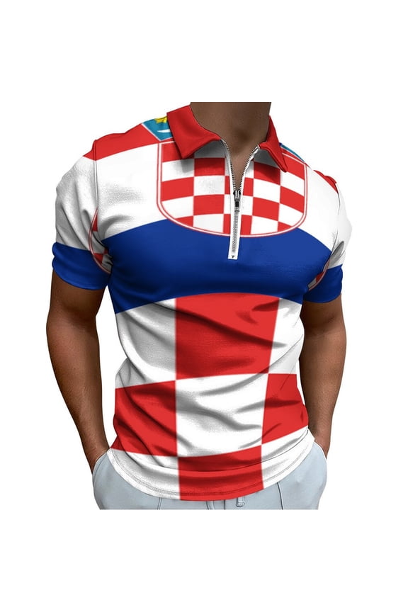 Flag of Croatia at The UN Men Zipper T-shirt Summer Casual Short Sleeve T-shirt Top