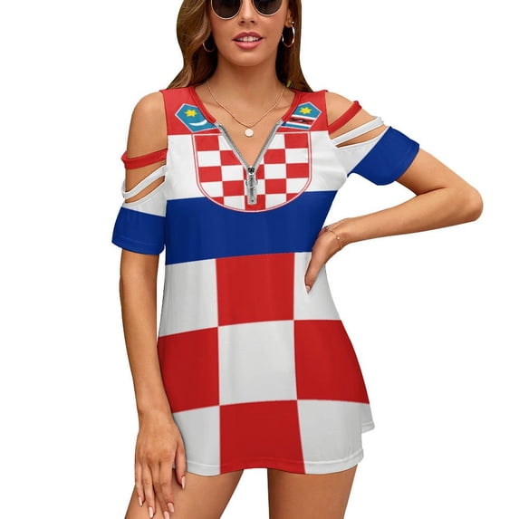 Flag of Croatia at The UN Womens Summer V Neck Zipper Top Short Sleeve T Shirt Off Shoulder Top Casual Classy Loose Shirts