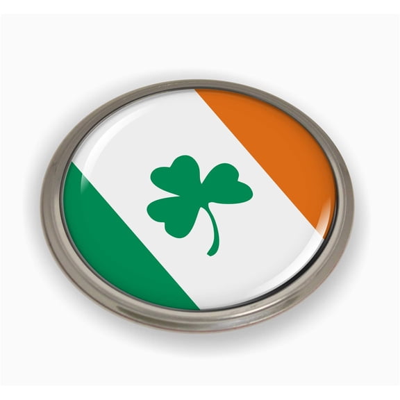 Flag of Ireland Irish Wish Shamrock | 3D Domed CAR Emblem Badge Sticker Semi-Flexible Aluminum Round Bezel