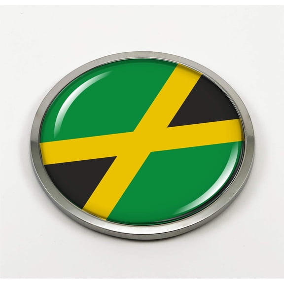 Jamaica Flag 3D Domed Automotive Emblem Round Car Badge - Metal Bezel