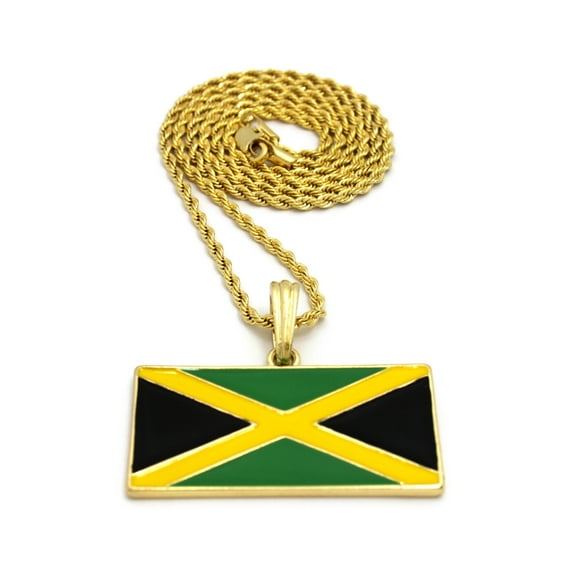 Flag of Jamaica Pendant w/ 2mm 24" Rope Chain Necklace, Gold-Tone