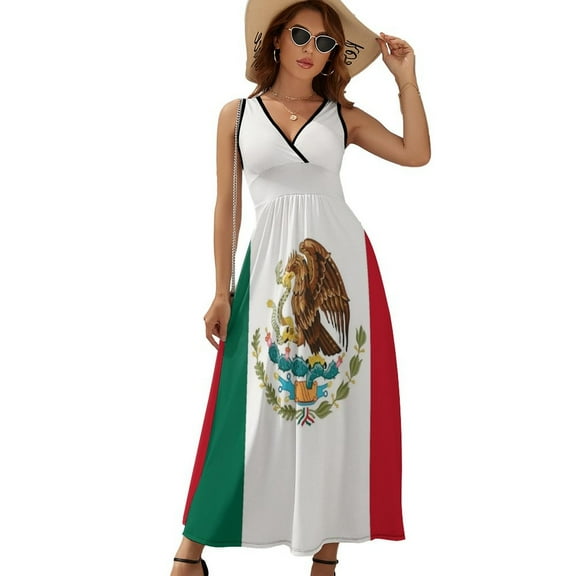Flag of Mexico Womens Night Club Maxi Dress V Neck Sleeveless Bohemia Long Dresses