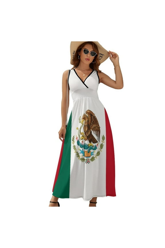Flag of Mexico Womens Night Club Maxi Dress V Neck Sleeveless Bohemia Long Dresses