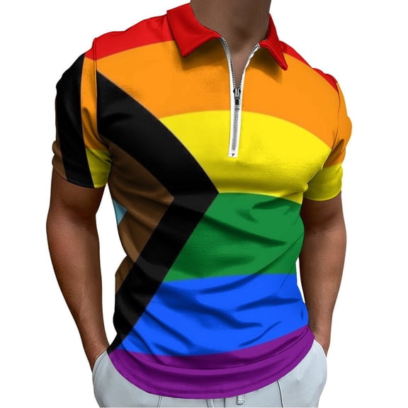 Flag of Progressive Pride Men Zipper T-shirt Summer Casual Short Sleeve T-shirt Top