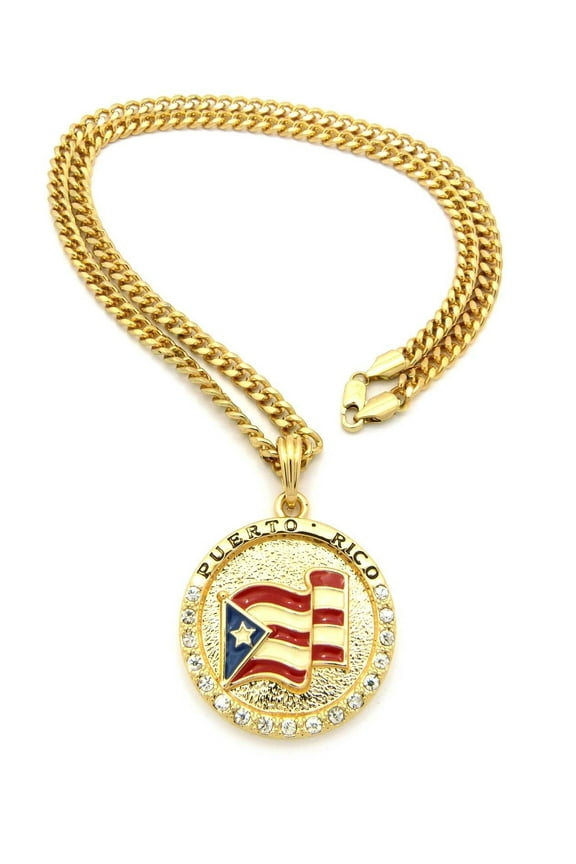Flag of Puerto Rico Pride Rhinestone Medal Pendant 24" Various Chain Necklace in Gold, Silver Tone