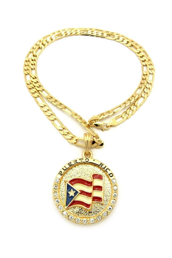 Flag of Puerto Rico Pride Rhinestone Medal Pendant 24" Various Chain Necklace in Gold, Silver Tone