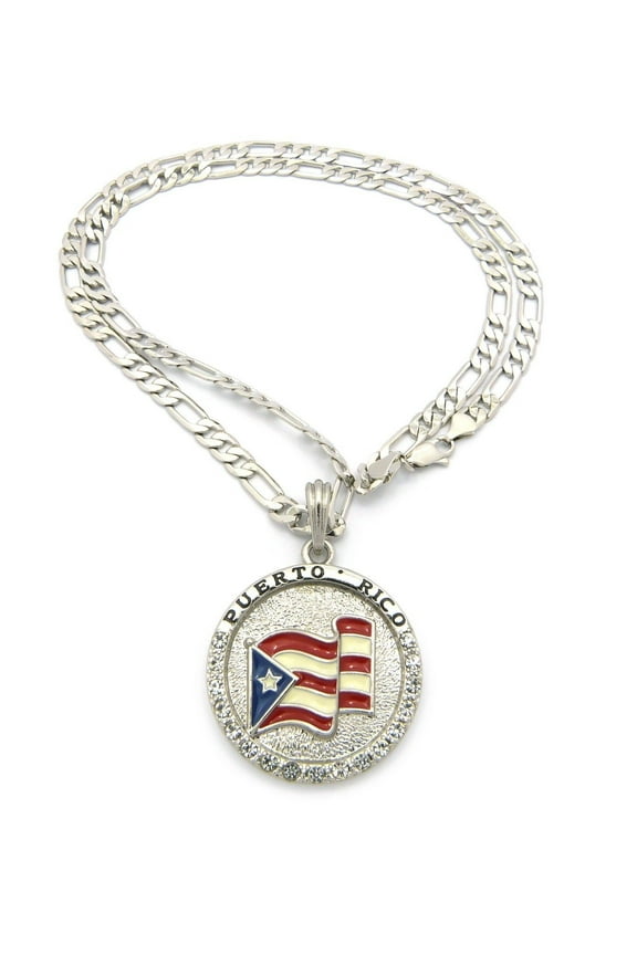 Flag of Puerto Rico Pride Rhinestone Medal Pendant 24" Various Chain Necklace in Gold, Silver Tone