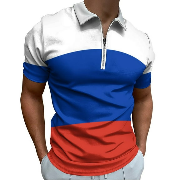 Flag of Russia Men Zipper T-shirt Summer Casual Short Sleeve T-shirt Top