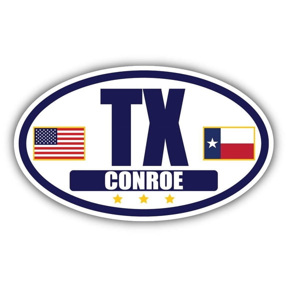 Flag of Texas / American Flag Oval 3M Vinyl Bumper Sticker Decal | Navy & Gold Conroe, TX Sticker Vinyl Decal