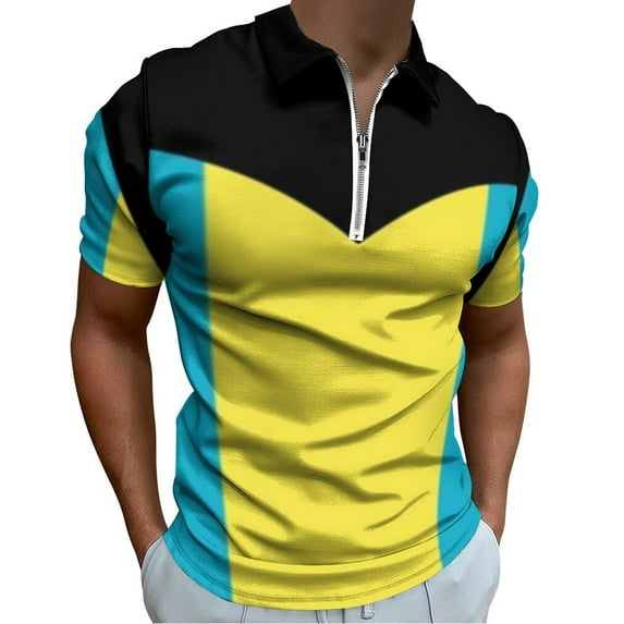 Flag of The Bahamas Men Zipper T-shirt Summer Casual Short Sleeve T-shirt Top
