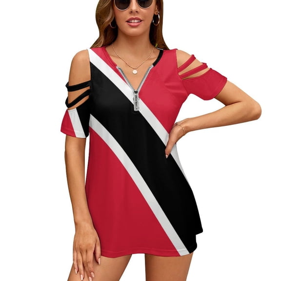 Flag of Trinidad Tobago Womens Summer V Neck Zipper Top Short Sleeve T Shirt Off Shoulder Top Casual Classy Loose Shirts