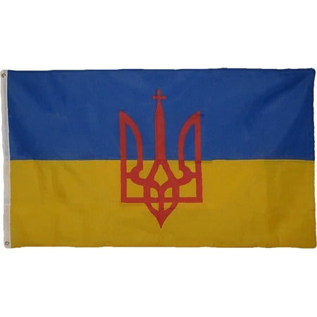 Flag of Ukraine with Trident 5x3 ft Tryzub Ukrainian Coat of Arms Banner Kiev R