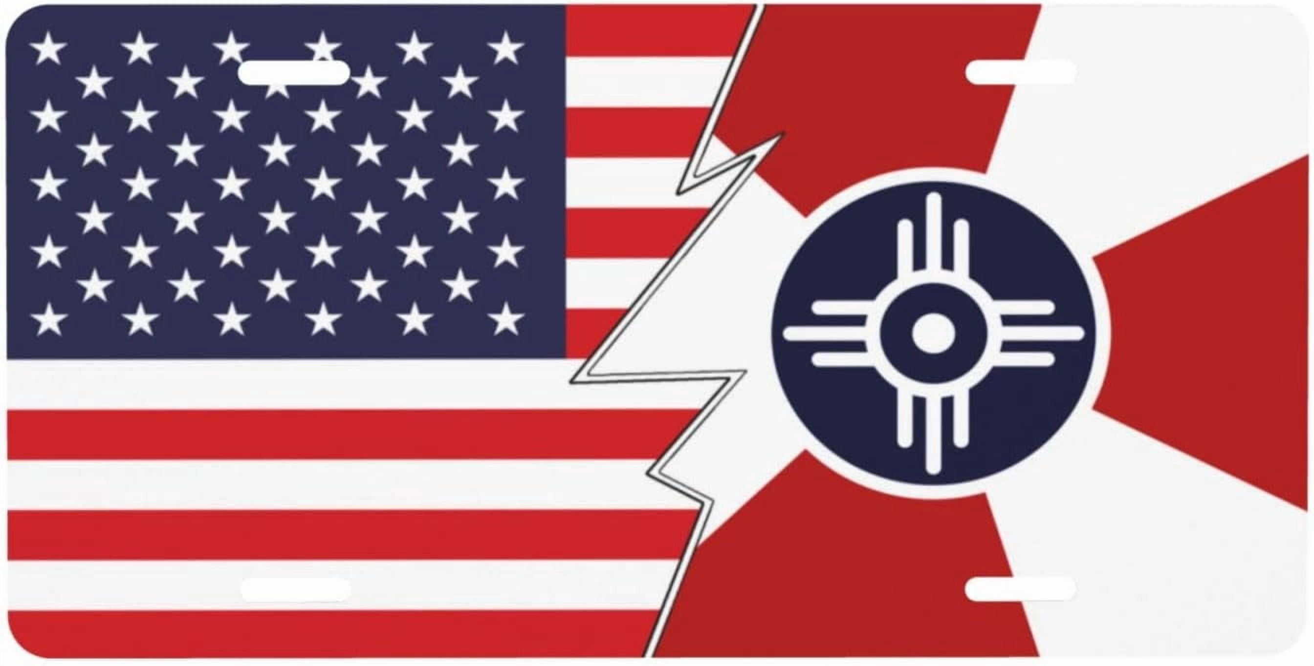 Wichita Kansas & America Flag License Plate – 6x12 Inch Novelty Aluminum Vanity Plate (Rounded Corners)