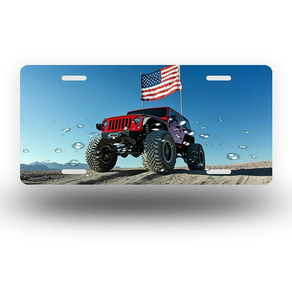 Flag topped Red Jeep Front License Plate,Metal License Plate,Funny Standard Plates Personalized Novelty Decorative For Men/Women/Boys/Girls Car 6×12 Inch