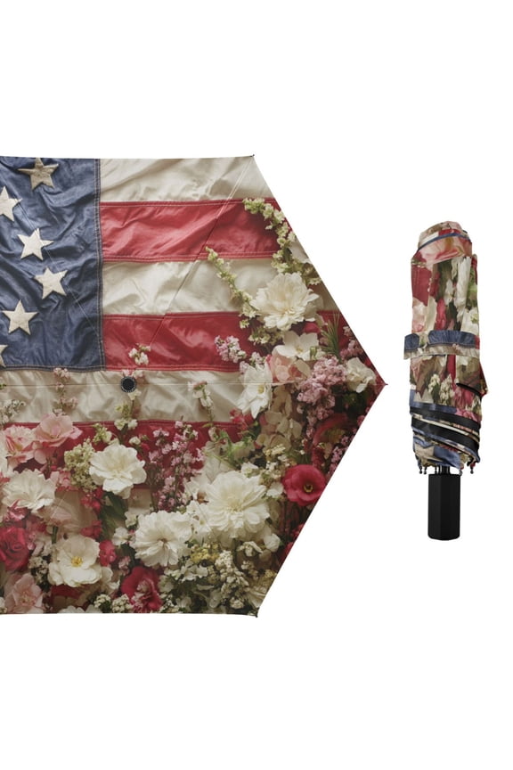 Flag with Fresh Flowers All Weather Umbrella Triple Folding Parasol 6 Ribs UV Protection Portable