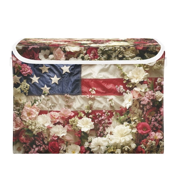 Flag with Fresh Flowers Foldable Storage Bin with Lid and Handle Collapsible Storage Box 16.5 x 12.6 x 11.8 inches