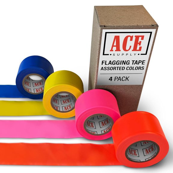 Flagging Tape Assorted Colors 4 Pack - Non-Adhesive Survey Tape - 1.5 Inch Width, 150 Ft Length, 2 Mil - Tree Marking Ribbon, Surveyors Ribbon