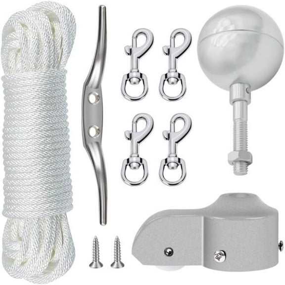 Flagpole Hardware Repair Parts Kit, 50 Feet Halyard Rope+3" Silver Ball+6" Zinc Alloy Cleat+4 Metal Swivel Snap Clips+Aluminum Alloy Flagpole Truck with Nylon Pulley for 1.6"-2" Flag Poles