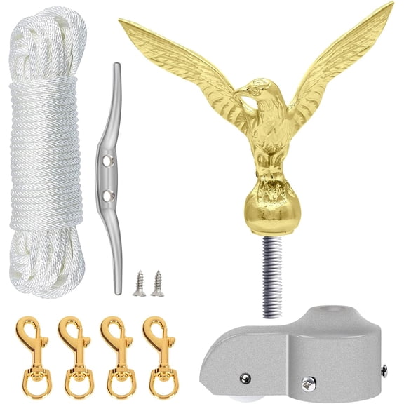 Flagpole Hardware Repair Parts Kit-50 Feet Halyard Rope+6.5" Eagle Topper+6" Zinc Alloy Cleat+4 PCS Metal Swivel Snap Clips+Aluminum Alloy Flagpole Truck with Pulley for 1.6"-2" Flag Poles Top