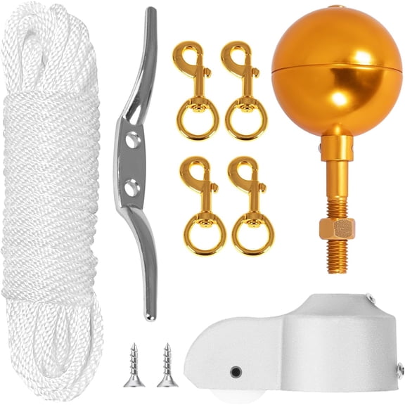 Flagpole Hardware Repair Parts Kit-50 Ft Halyard Rope +3" Gold Ball+6" Zinc Alloy Cleat +4 PCS Metal Swivel Snap Clips+Aluminum Alloy Flagpole Truck for 2" Diameter Flag Poles Top