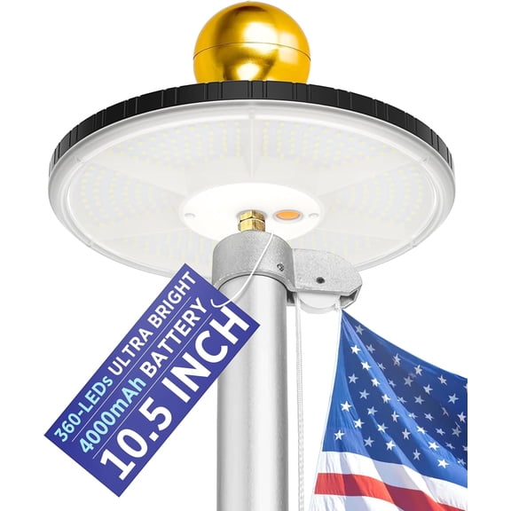 Flagpole Light Solar Powered, 360 LED Ultra Bright Flag Light 10.5" with 4000mAh Battery Up to 24H Runtime, Dusk to Dawn Auto On/Off 3 Modes, IP65 Waterproof Flag Pole Light for 250th Anniversary