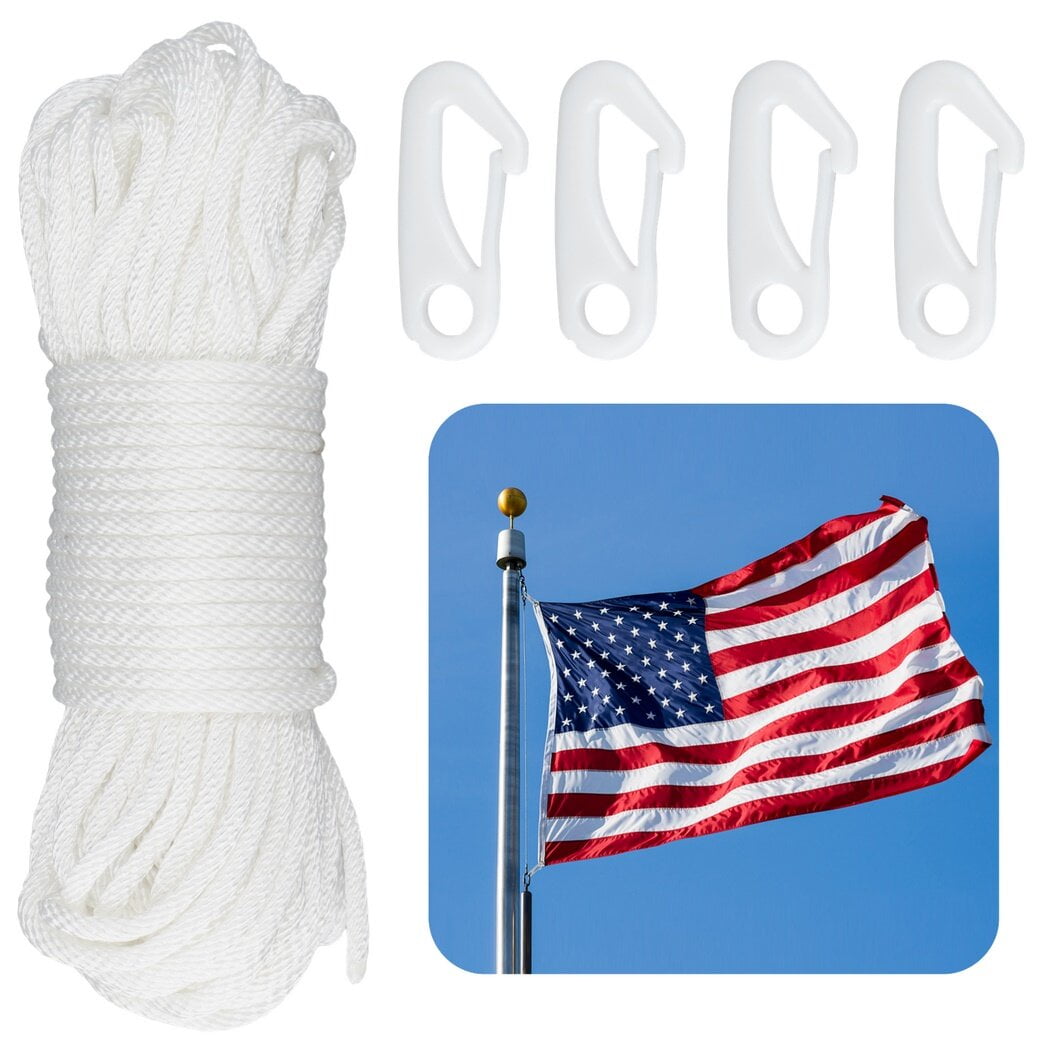 50 Ft Flagpole String Kit Nylon Rope 1/4 Inch Flagpole Line Rope with 12  Flag Pole Hooks for Swing, Flagpoles, Climbing, Camping