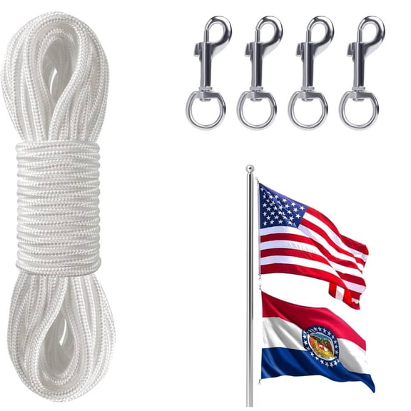 Flagpole Rope, 50ft Flag Pole Rope, 1/4" Thick Nylon Braided Rope with 4 Hooks, Outdoor Flagpole Accessories, Multipurpose Rope for Dog Walking, Tent Fixing, Bundling