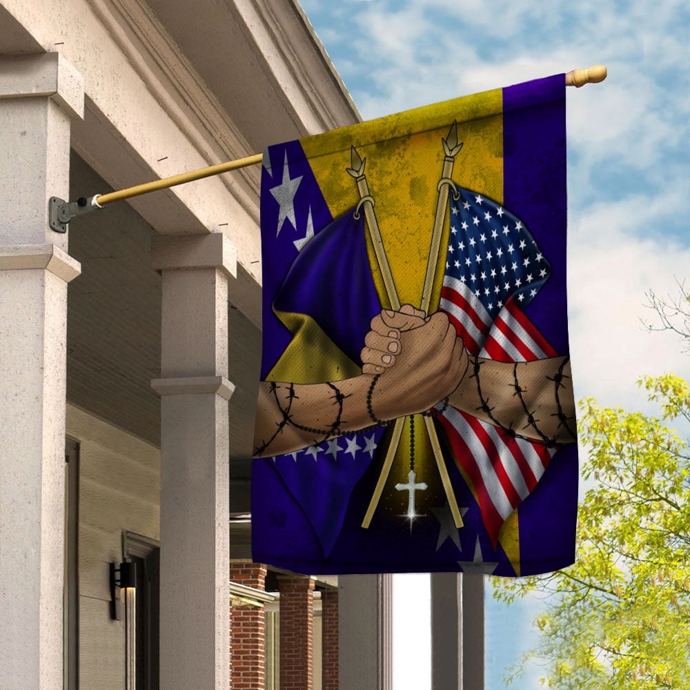 Flags Bosnian Handshake American Flag Friendship USA Bosnia And Herzegovina Bosnian Part House Flag, Double-Sided Decorative Outdoor Flag, Polyester Yard Flag 29.5 x 39.5 in