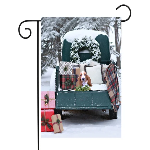 Flags Galore Basset Pup In Old Truck Winter Scene Garden Flag W
