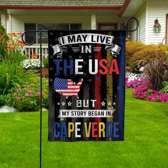 Flags I May Live in The USA But My Story Began in Cape Verde Flag Proud Cape Verdean American Garden Flag, Double-Sided Decorative Outdoor Flag, Patriotic Polyester Yard Flag 11.5 x 17.5 in