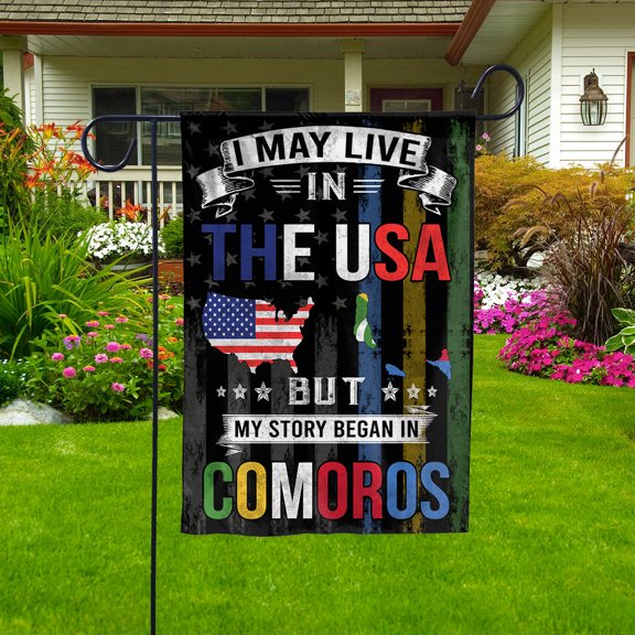Flags I May Live in The USA But My Story Began in Comoros Flag Proud Comoran American Garden Flag (11.5x17.5) Double Sided-USA Flags Premium Polyester-Decorative Indoor Outdoor Flag