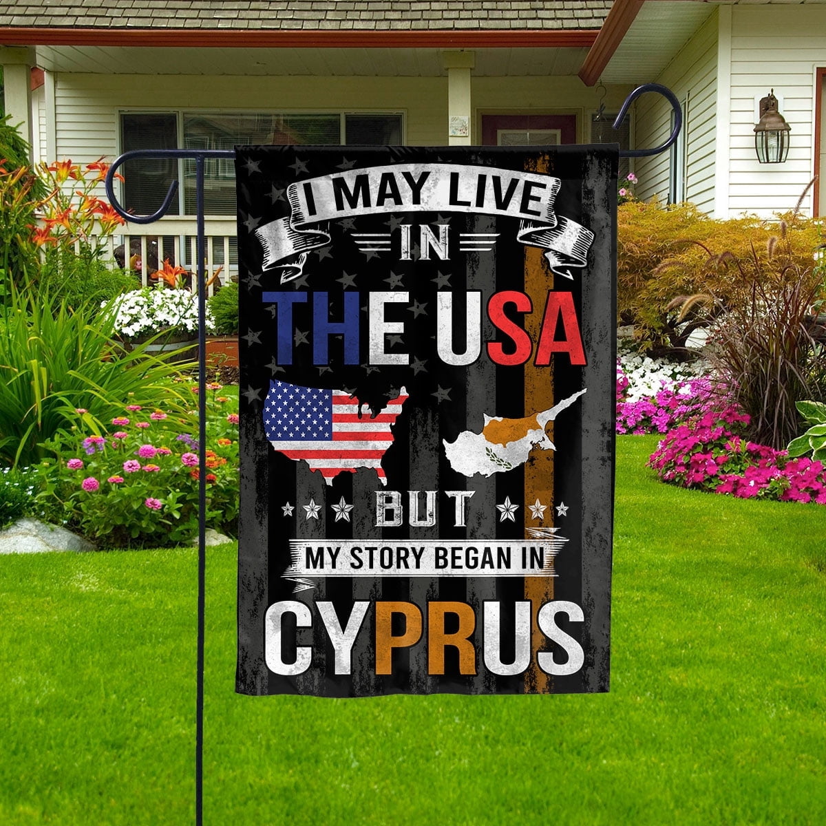 Flags I May Live in The USA But My Story Began in Cyprus Flag Proud Cypriot American Garden Flag, Double-Sided Decorative Outdoor Flag, Polyester Yard Flag 12 x 18 in