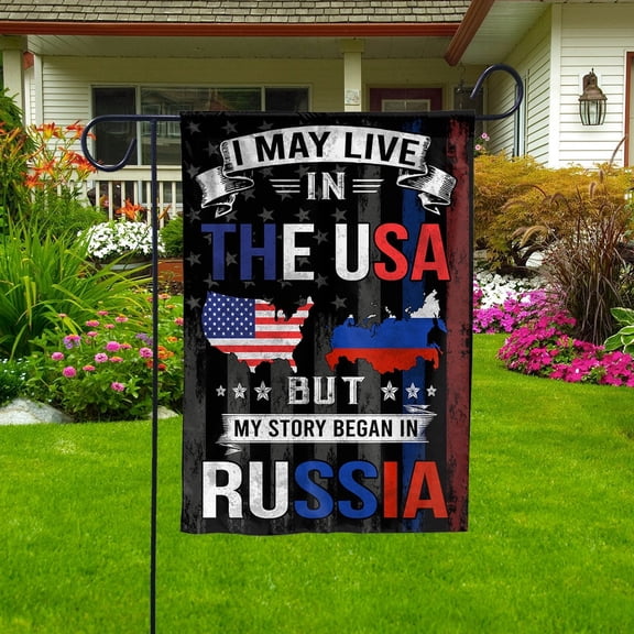 Flags I May Live in The USA But My Story Began in Russia Flag Proud Russian American Garden Flag, Double-Sided Decorative Outdoor Flag, Patriotic Polyester Yard Flag 12 x 18 in