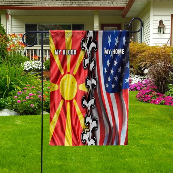 Flags-North Macedonian American My Home My Blood Flag North Macedonian Part Garden Flag, Double-Sided Decorative Outdoor Flag, Patriotic Polyester Yard Flag 12 x 18 in