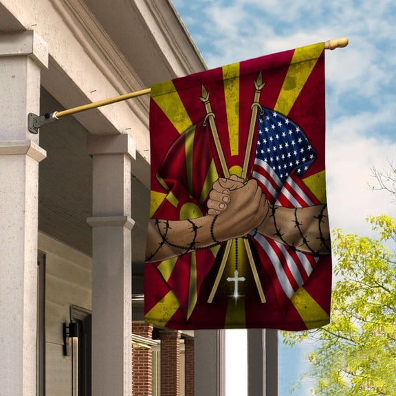 Flags North Macedonian Handshake American Flag Friendship USA North Macedonia North Macedonian Part Garden Flag, Double-Sided Decorative Outdoor Flag, Patriotic Polyester Yard Flag 12 x 18 in