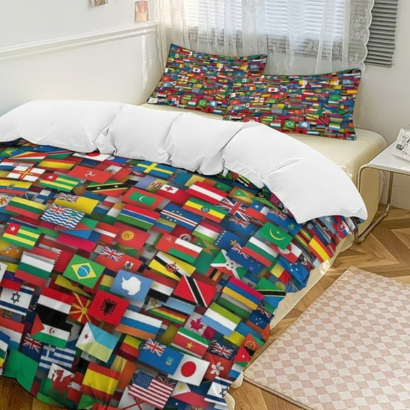 Flags Of All Countries Of The World Duvet Cover Set Themed Multicolor Polyester Bedding Set for Bedroom Decoration