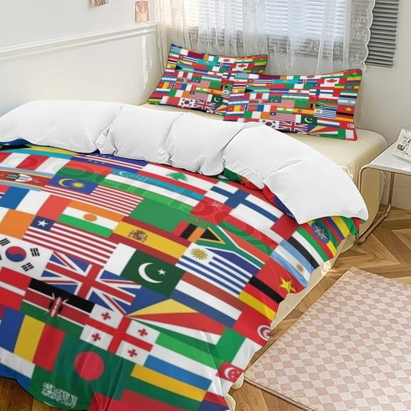Flags Of All Countries Of The World Set Duvet Cover Themed Multicolor Polyester Bedding Set Duvet Cover for Full Size
